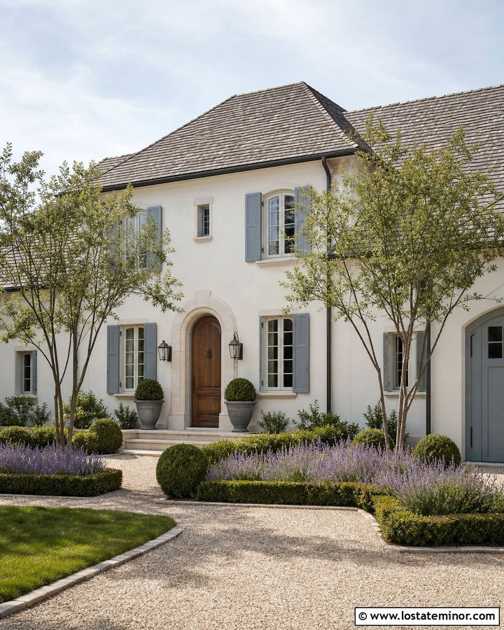 Warm White French Country House With Lavender Beds - 30 Warm White House Design With Landscaping Ideas