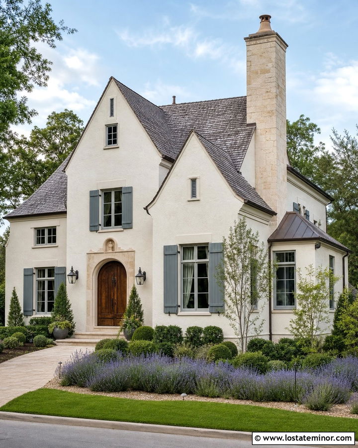 Warm White French Country House With Limestone Chimney - 30 Warm White House Design With Chimney Ideas