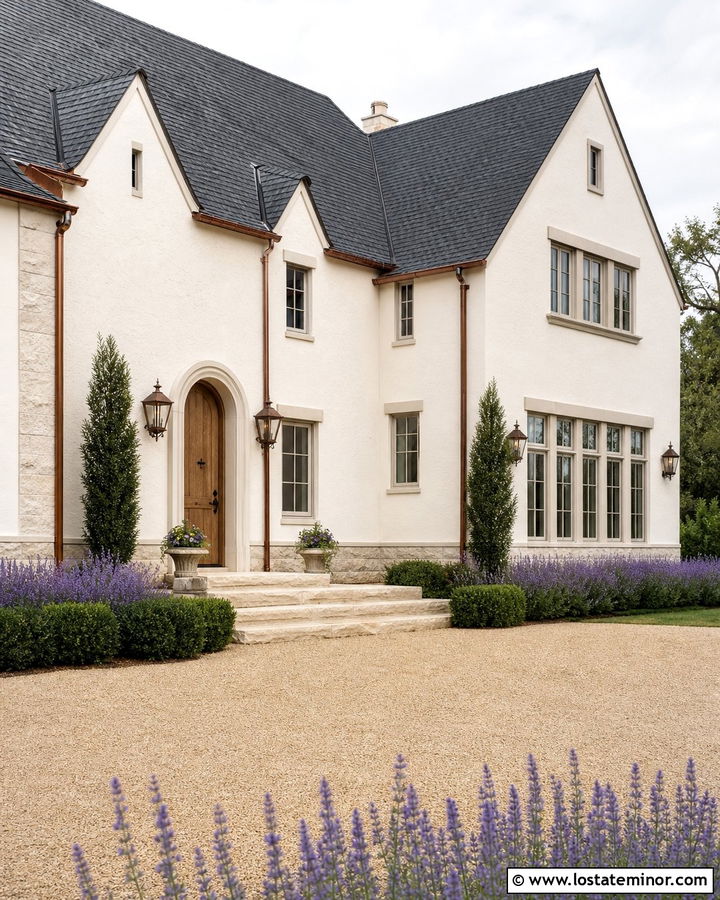Warm White French Country House With Limestone Steps - 30 Warm White House Design With Steps Ideas