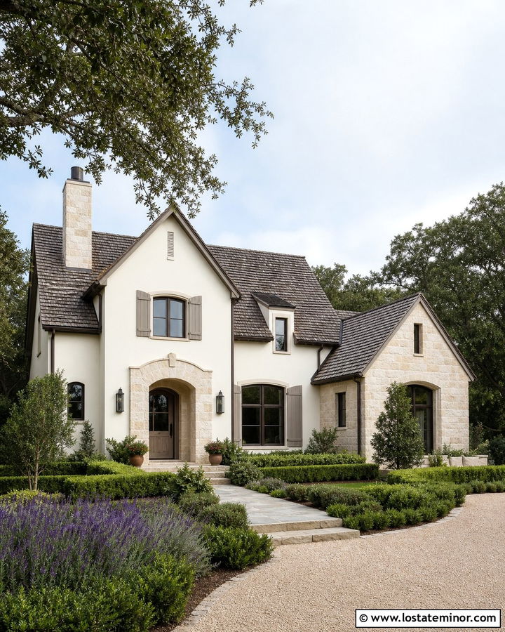 Warm White French Country House With Limestone - 30 Warm White House Design With Stone Accents Ideas