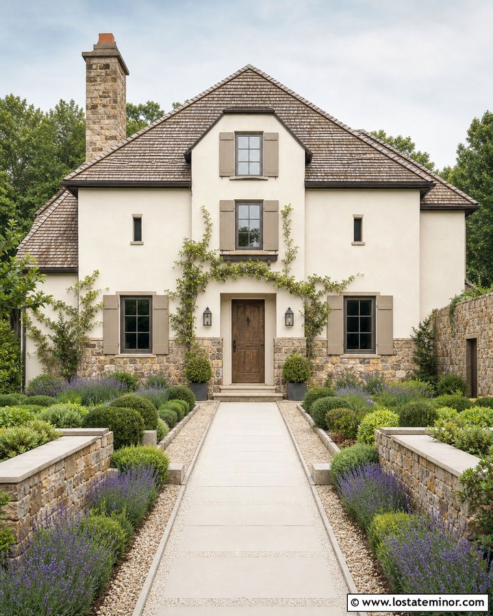 Warm White French Country House With Rubble Stone Wainscoting - 30 Warm White House Design With Wainscoting Ideas