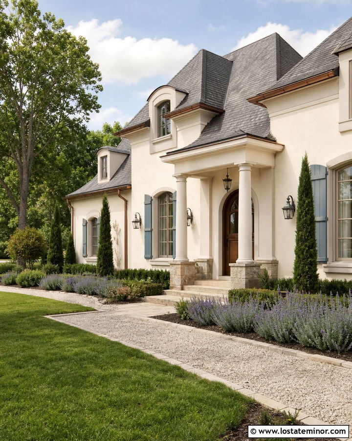 Warm White French Country House With Stone Columns - 30 Warm White House Design With Porch Columns Ideas