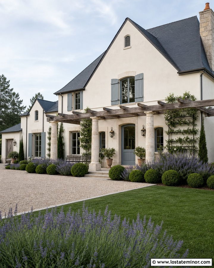 Warm White French Country House With Stone Pergola - 30 Warm White House Design With Pergola Ideas