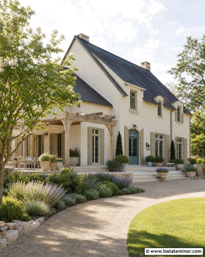 Warm White French Country House With Stone Terrace - 30 Warm White House Design With Backyard Ideas