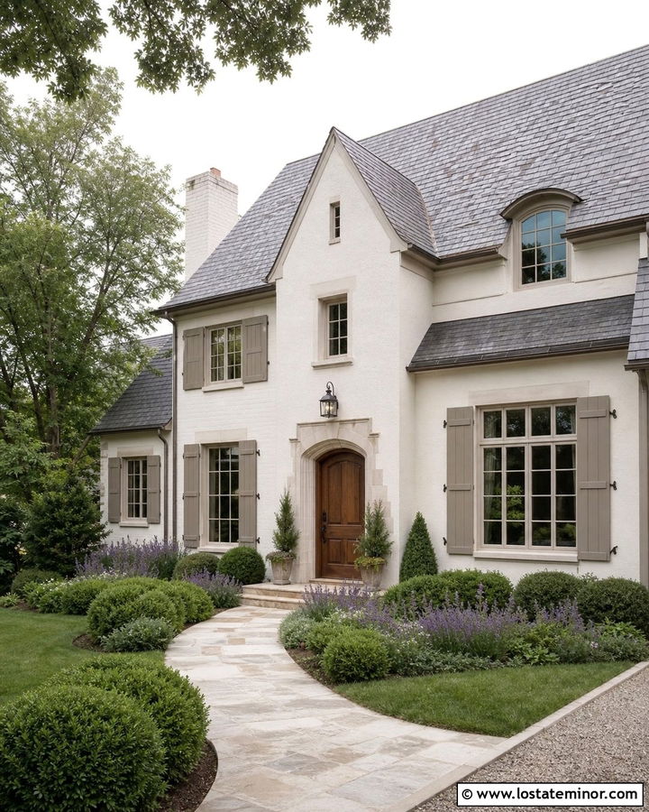 Warm White French Country House With Taupe Shutters - 30 Warm White House Design With Shutters Ideas