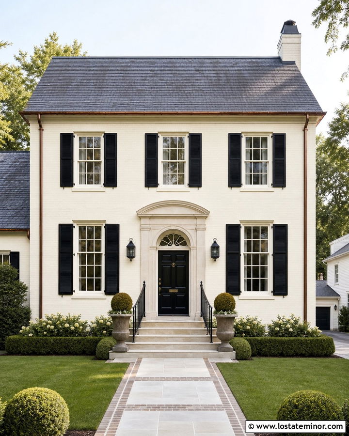 Warm White Georgian House With Black Entry Railings - 30 Warm White House Design With Railings Ideas