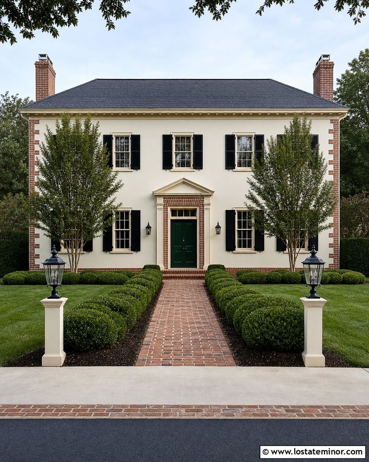 Warm White Georgian House With Brick Corners - 30 Warm White House Design With Brick Accents Ideas