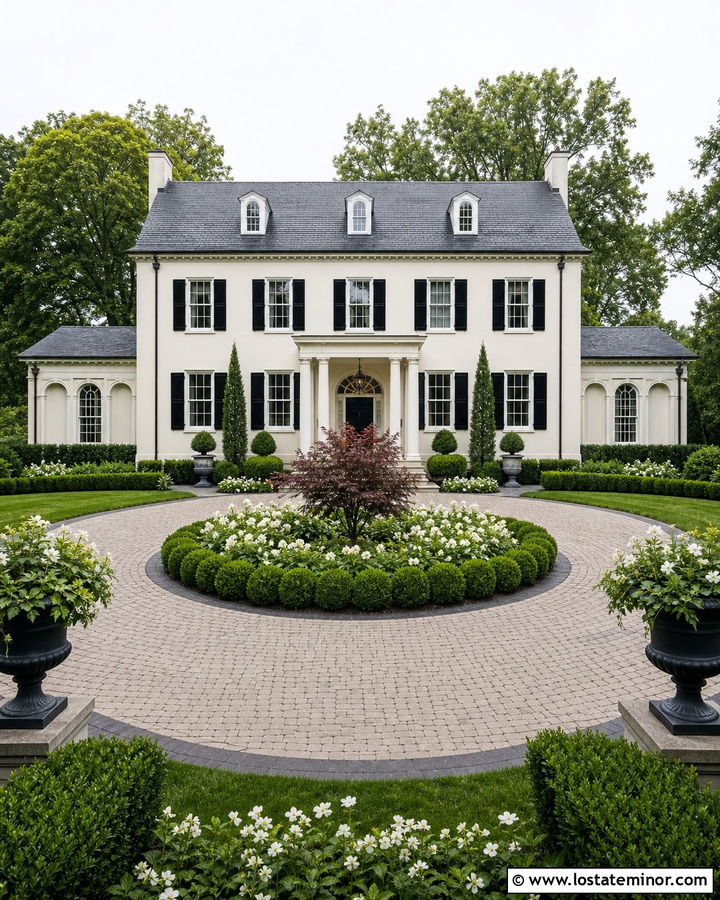 Warm White Georgian House With Circular Driveway - 30 Warm White House Design With Driveway Ideas