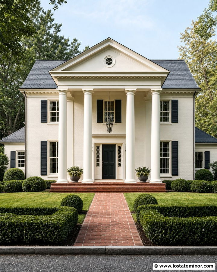 Warm White Georgian House With Classical Portico Columns - 30 Warm White House Design With Porch Columns Ideas