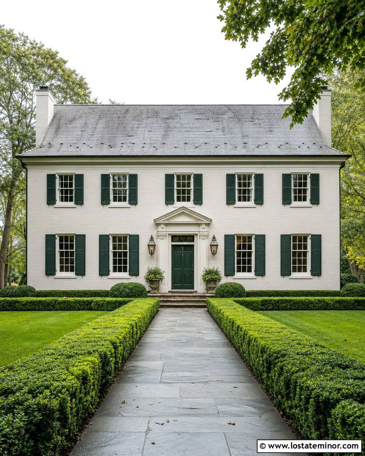 Warm White Georgian House With Forest Green Shutters - 30 Warm White House Design With Shutters Ideas