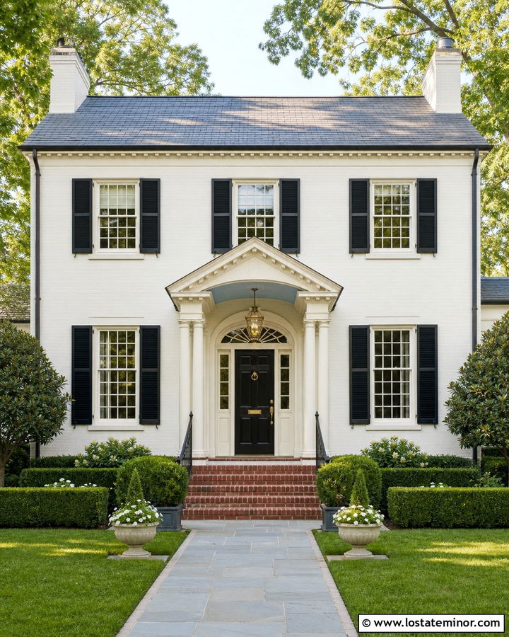 Warm White Georgian House With Pale Blue Porch Ceiling - 30 Warm White House Design With Porch Ceiling Ideas
