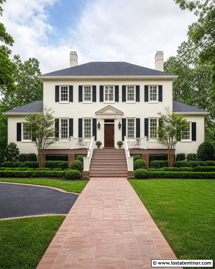 Warm White Georgian House With Symmetrical Deck - 30 Warm White House Design With Deck Ideas