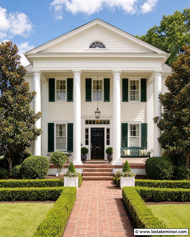 Warm White Greek Revival House With Green Swing - 30 Warm White House Design With Swing Ideas