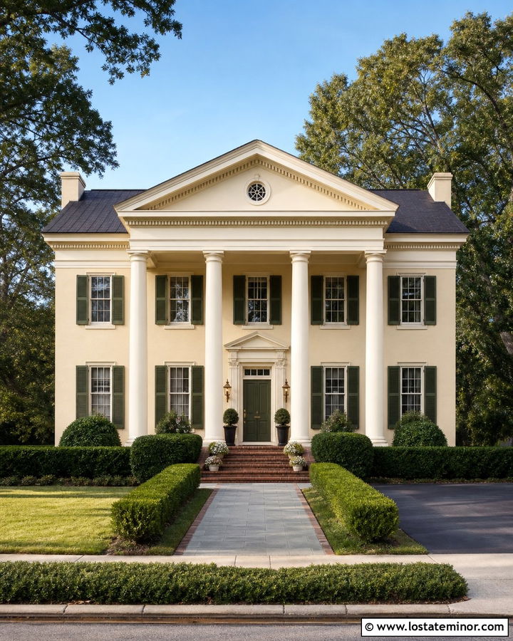 Warm White Greek Revival House With Olive Shutters - 30 Warm White House Design With Shutters Ideas