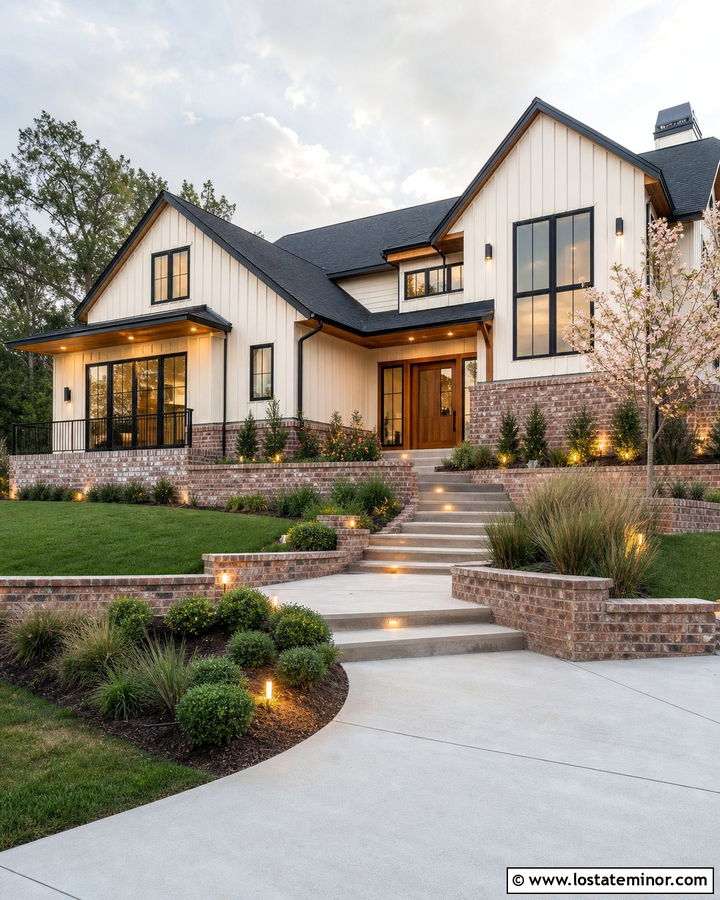 Warm White Hillside House With Brick Retaining Walls - 30 Warm White House Design With Brick Accents Ideas