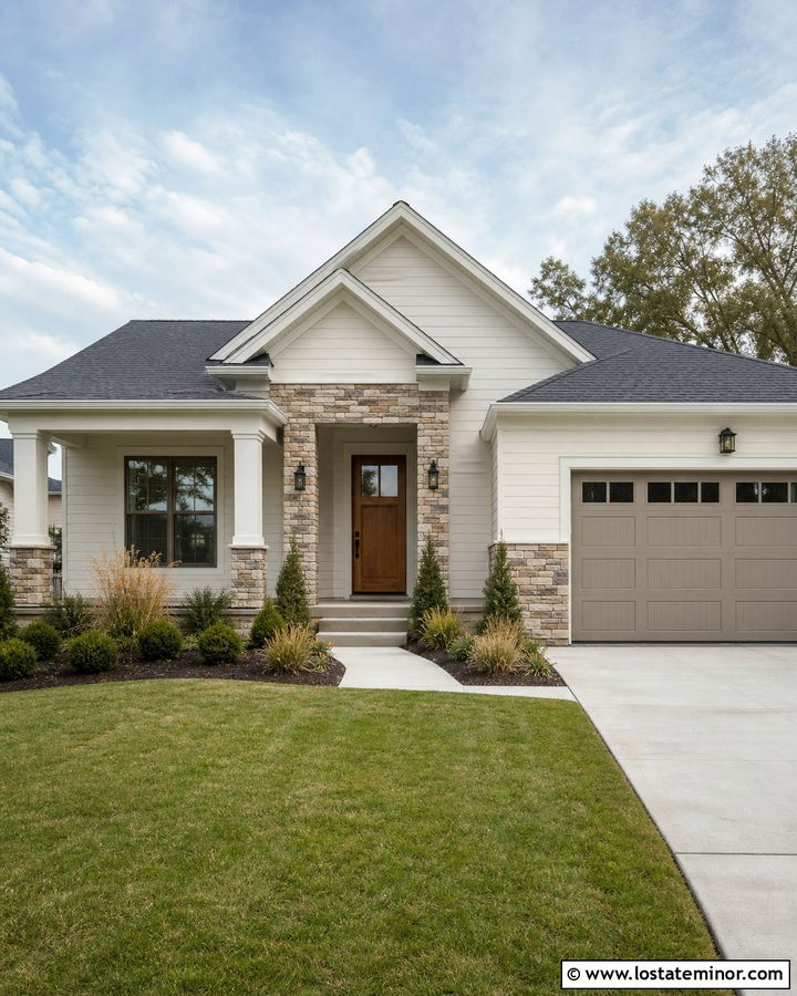 Warm White House With Affordable Stone Veneer - 30 Warm White House Design With Stone Accents Ideas