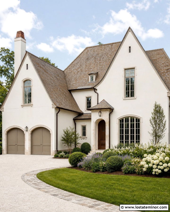 Warm White House With Arched Garage Doors - 30 Warm White House Design With Garage Door Ideas