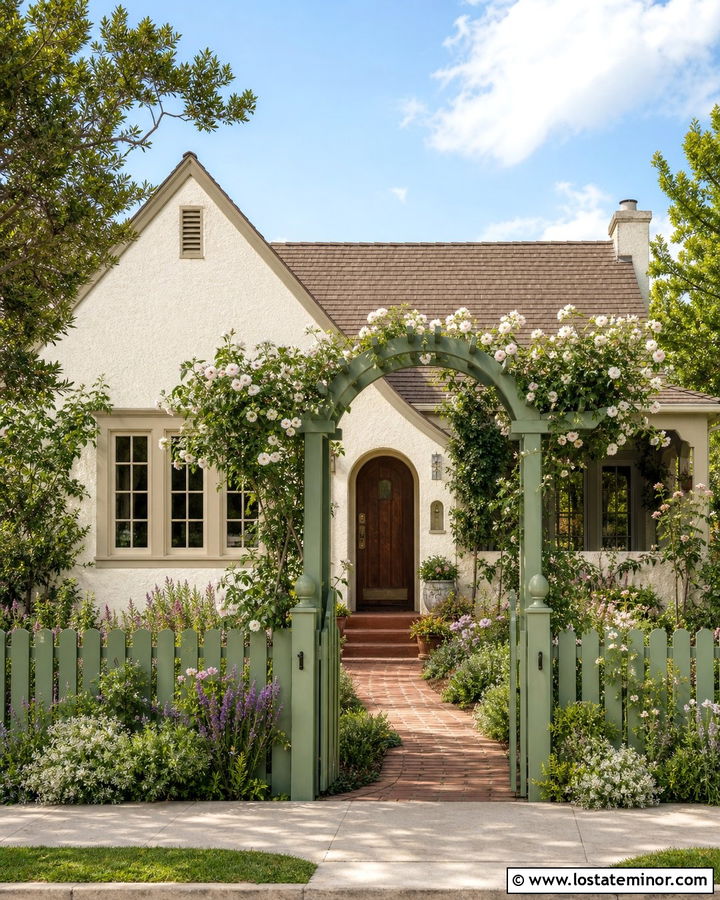 Warm White House With Arched Garden Gate - 30 Warm White House Design With Fence Ideas
