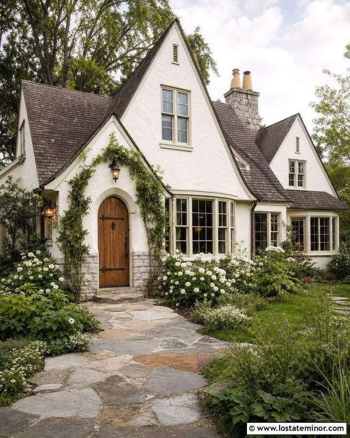 Warm White House With Arched Wood Entry Door - 30 Warm White House Design With Entry Door Ideas