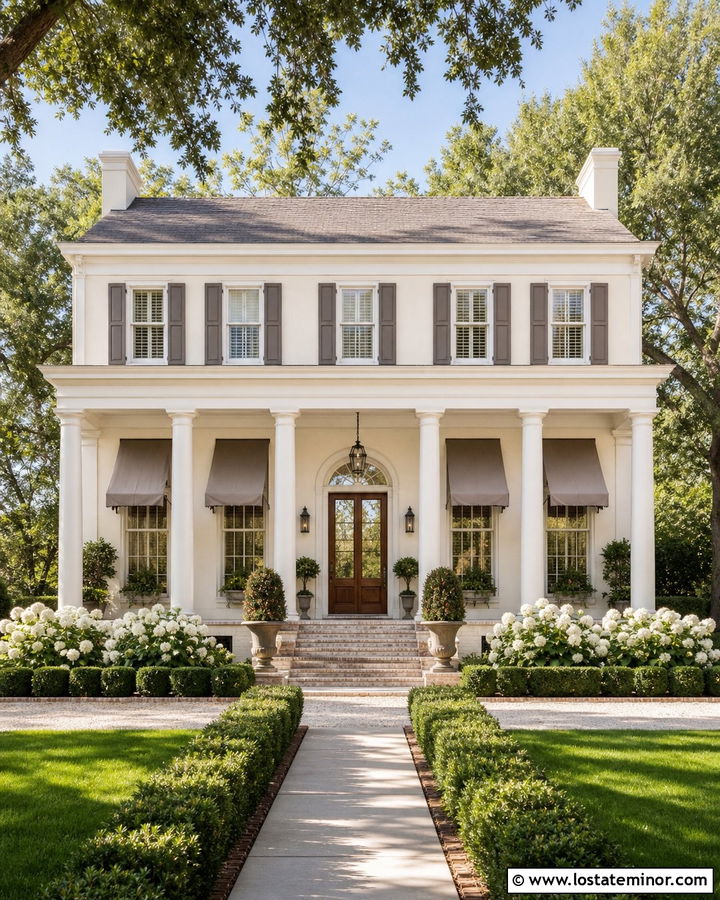 Warm White House With Awning And Shutters - 30 Warm White House Design With Awning Ideas