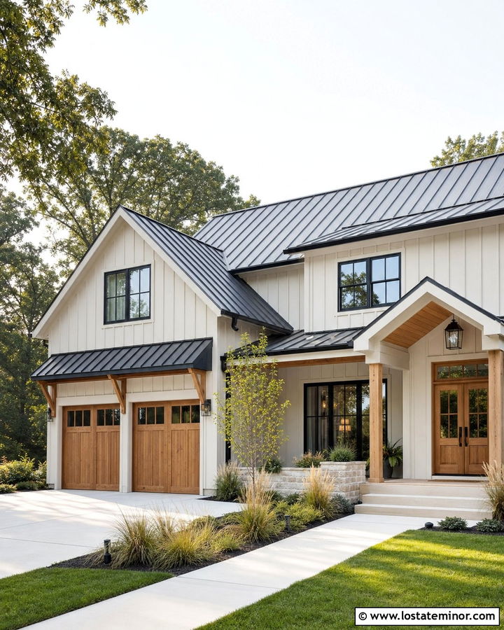 Warm White House With Awning Over Garage - 30 Warm White House Design With Awning Ideas