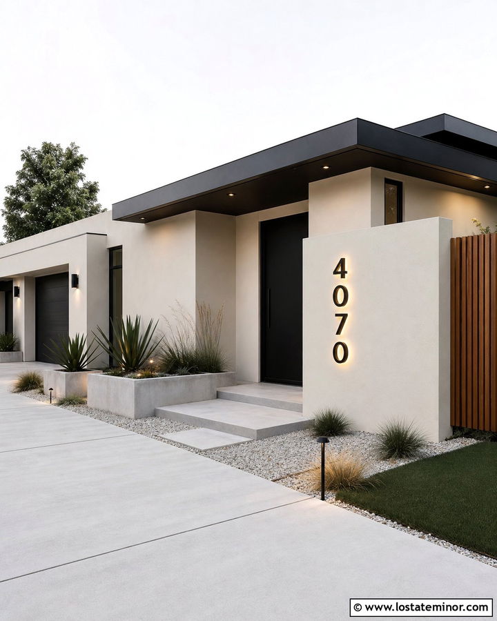 Warm White House With Backlit House Numbers - 30 Warm White House Design With House Numbers Ideas