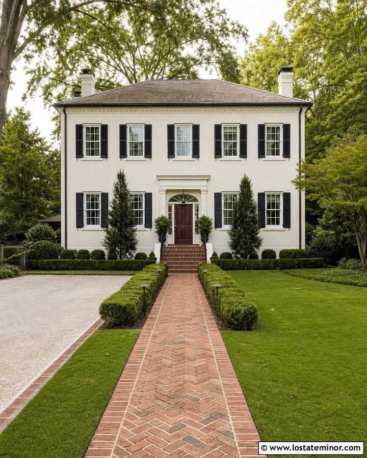 Warm White House With Basketweave Brick Walkway - 30 Warm White House Design With Walkway Ideas