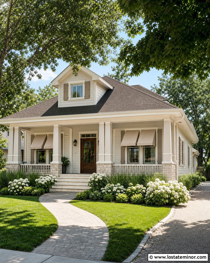 Warm White House With Beige Fabric Awning - 30 Warm White House Design With Awning Ideas