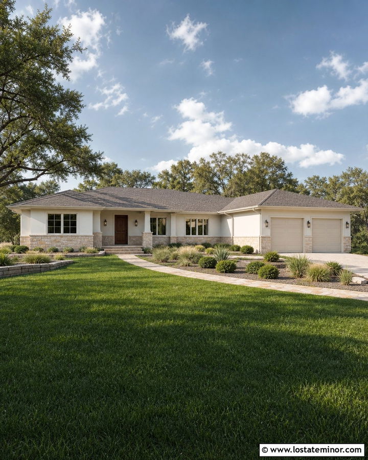 Warm White House With Beige Garage Door - 30 Warm White House Design With Garage Door Ideas