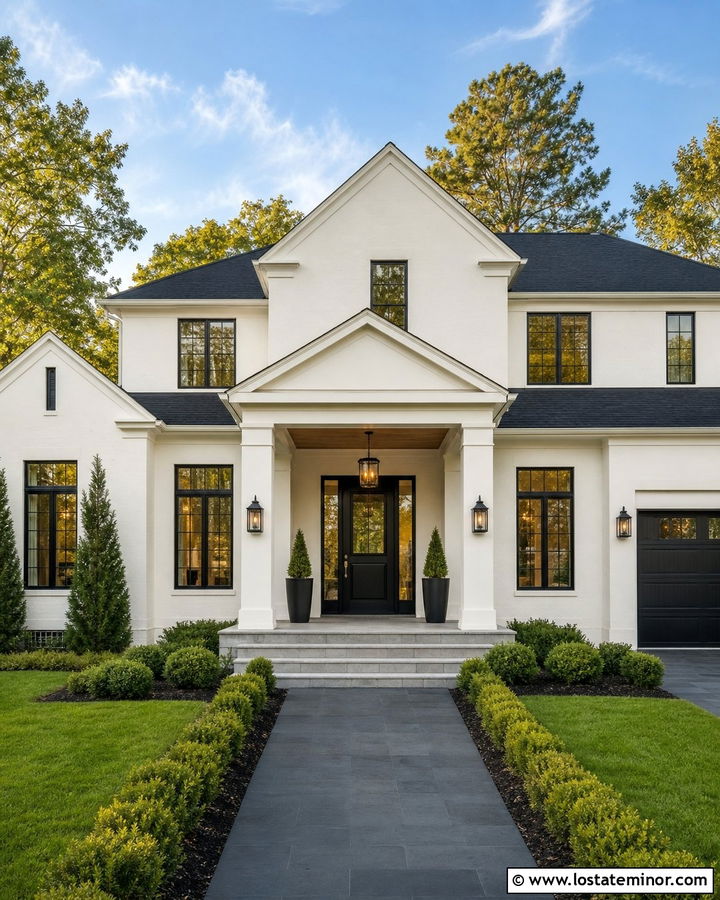Warm White House With Black Door Portico - 30 Warm White House Design With Portico Ideas