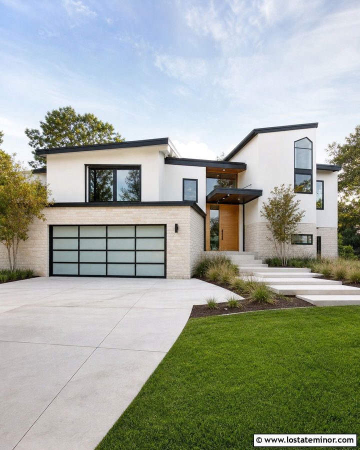Warm White House With Black Glass Garage Door - 30 Warm White House Design With Garage Door Ideas