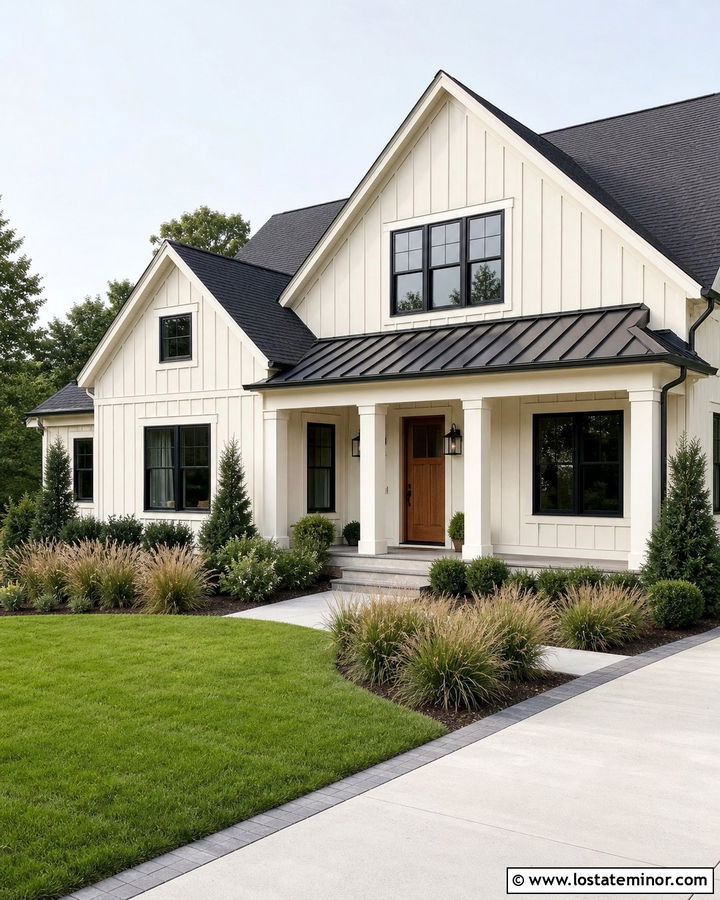 Warm White House With Black Metal Awning - 30 Warm White House Design With Awning Ideas