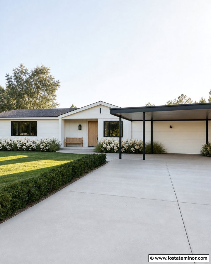 Warm White House With Black Metal Carport - 30 Warm White House Design With Carport Ideas