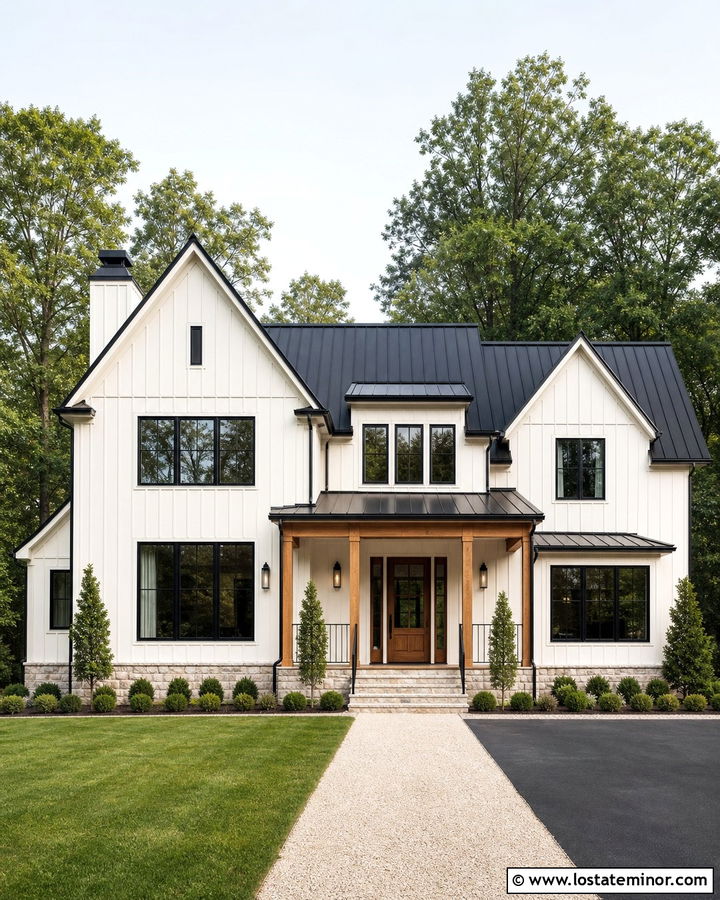 Warm White House With Black Metal Roof - 30 Warm White House Design With Accents Ideas