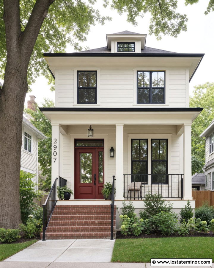 Warm White House With Black Numbers And Red Door - 30 Warm White House Design With House Numbers Ideas
