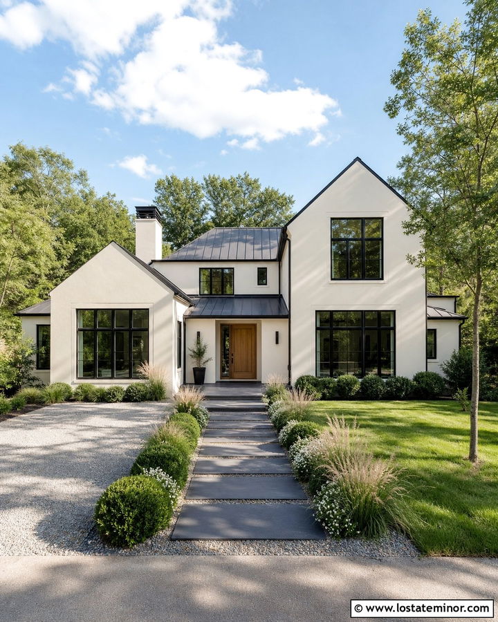 Warm White House With Black Paver Walkway - 30 Warm White House Design With Walkway Ideas