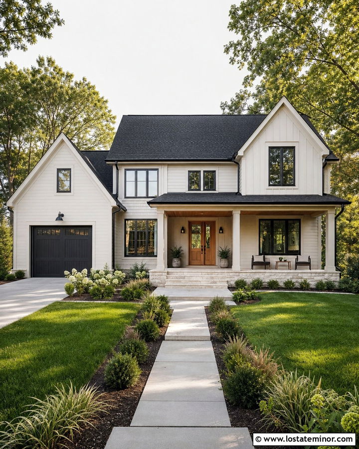 Warm White House With Black Shingle Roof - 30 Warm White House Design With Shingles Ideas