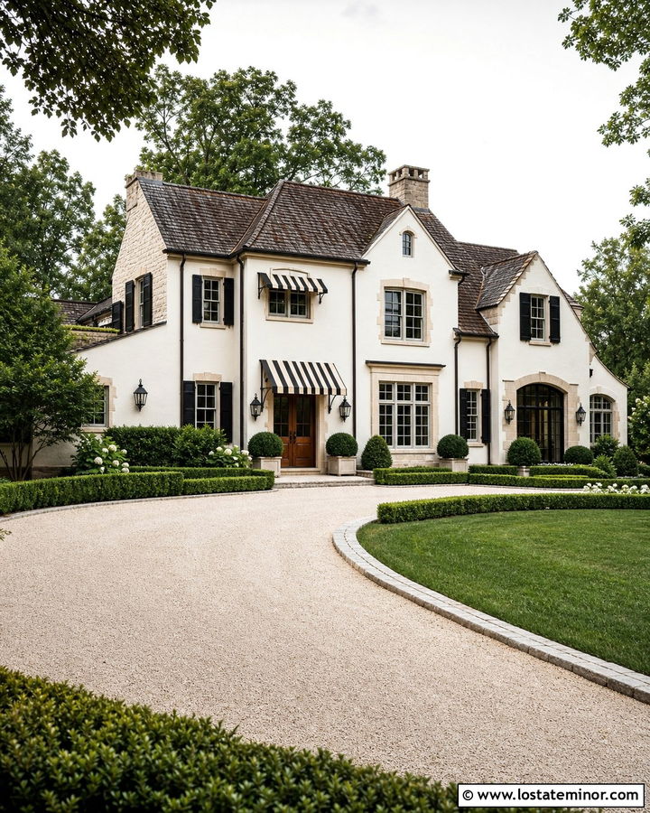 Warm White House With Black Striped Awning - 30 Warm White House Design With Awning Ideas