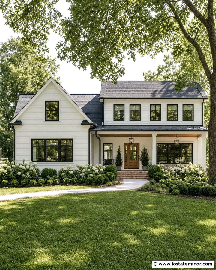 Warm White House With Black Trim And Green Lawn - 30 Warm White House Design With Front Yard Ideas