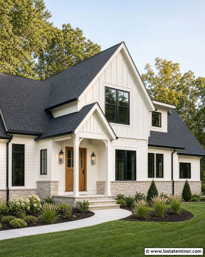Warm White House With Black Window Frames - 30 Warm White House Design With Window Frames Ideas