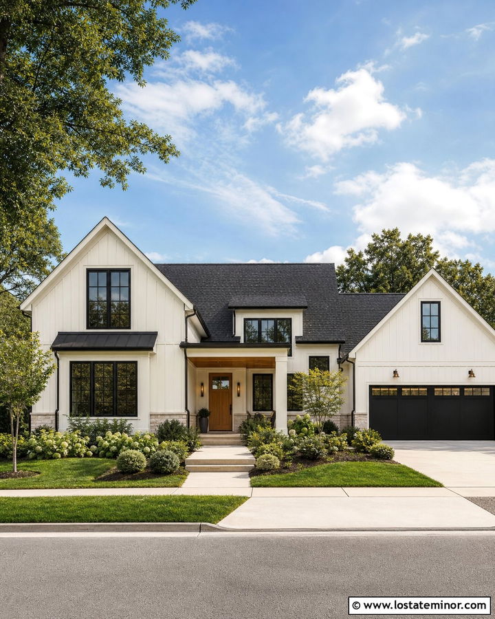 Warm White House With Black Window Gables - 30 Warm White House Design With Gables Ideas
