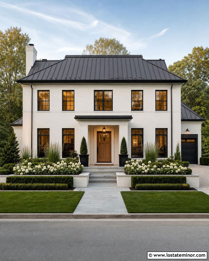 Warm White House With Black Windows And Green Hedges - 30 Warm White House Design With Landscaping Ideas
