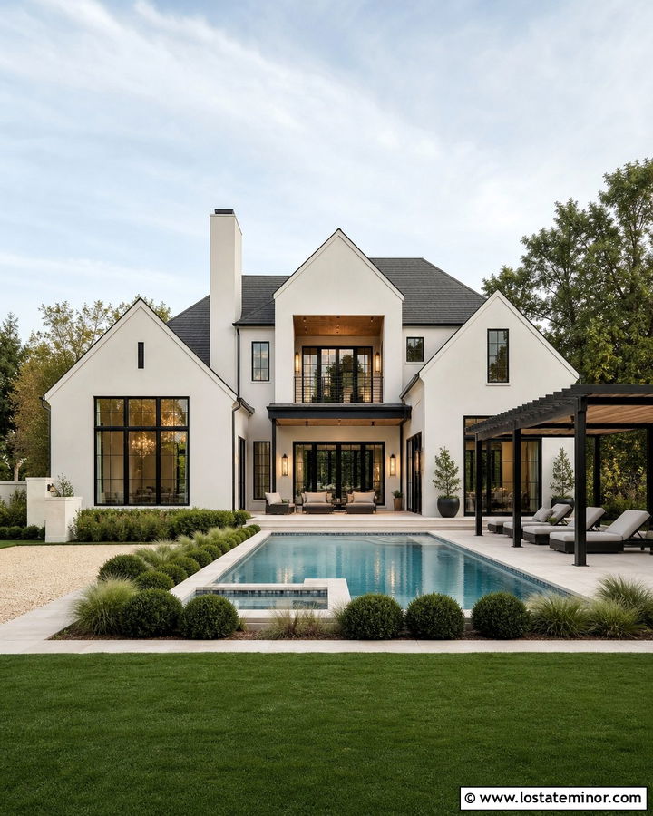Warm White House With Black Windows And Pool - 30 Warm White House Design With Swimming Pool Ideas