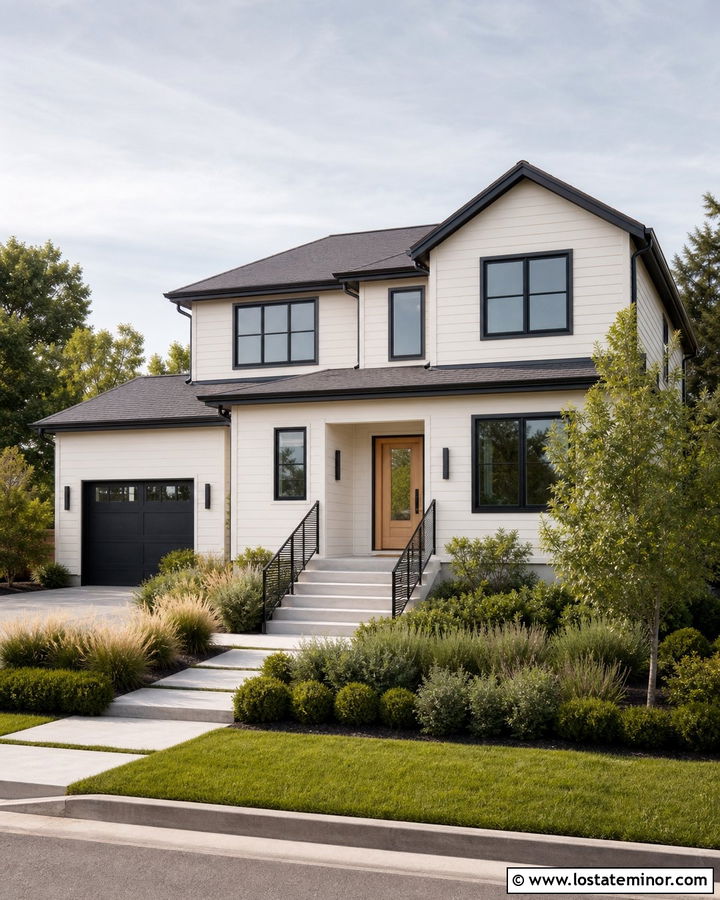 Warm White House With Black Windows And Sconces - 30 Warm White House Design With Light Fixtures Ideas