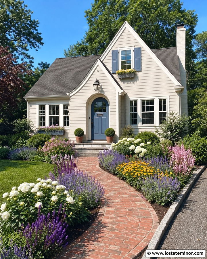 Warm White House With Blue Door And Colorful Perennials - 30 Warm White House Design With Landscaping Ideas