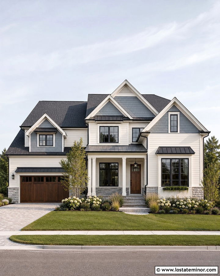 Warm White House With Blue Gray Gables - 30 Warm White House Design With Gables Ideas