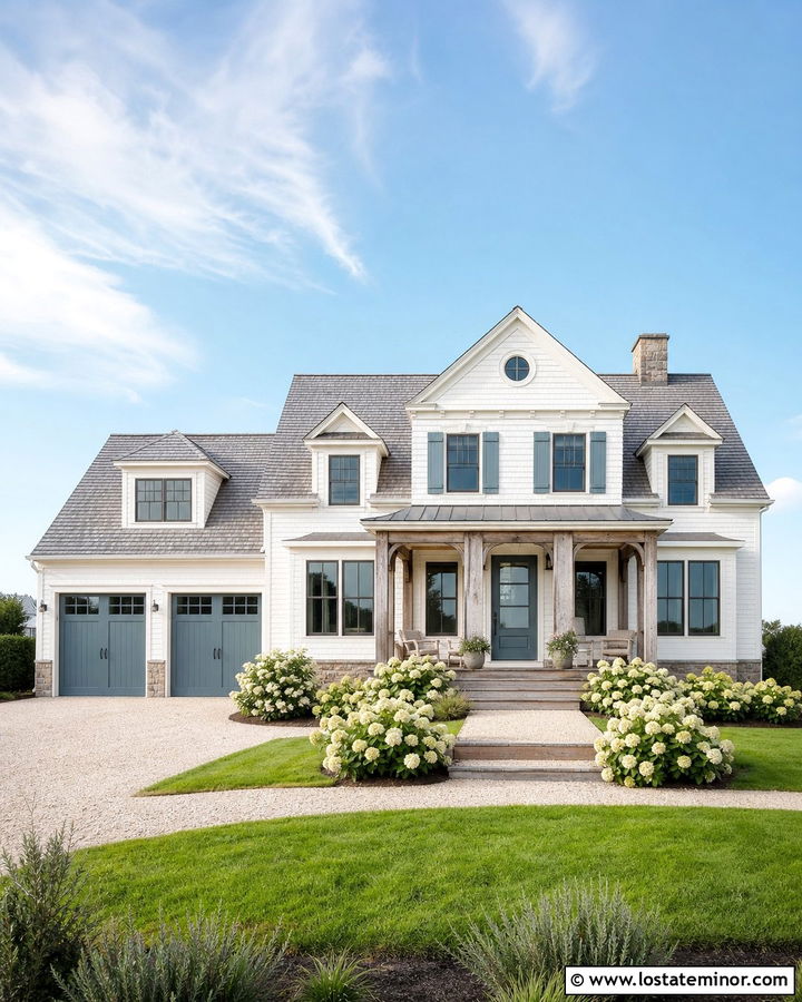 Warm White House With Blue Gray Garage Door - 30 Warm White House Design With Garage Door Ideas