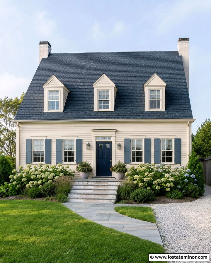 Warm White House With Blue Gray Roof - 30 Warm White House Design With Roof Ideas
