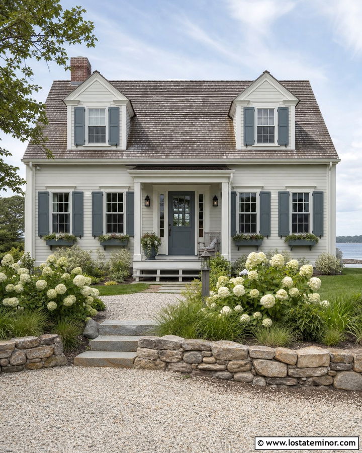Warm White House With Blue Gray Shutters - 30 Warm White House Design With Trim Ideas