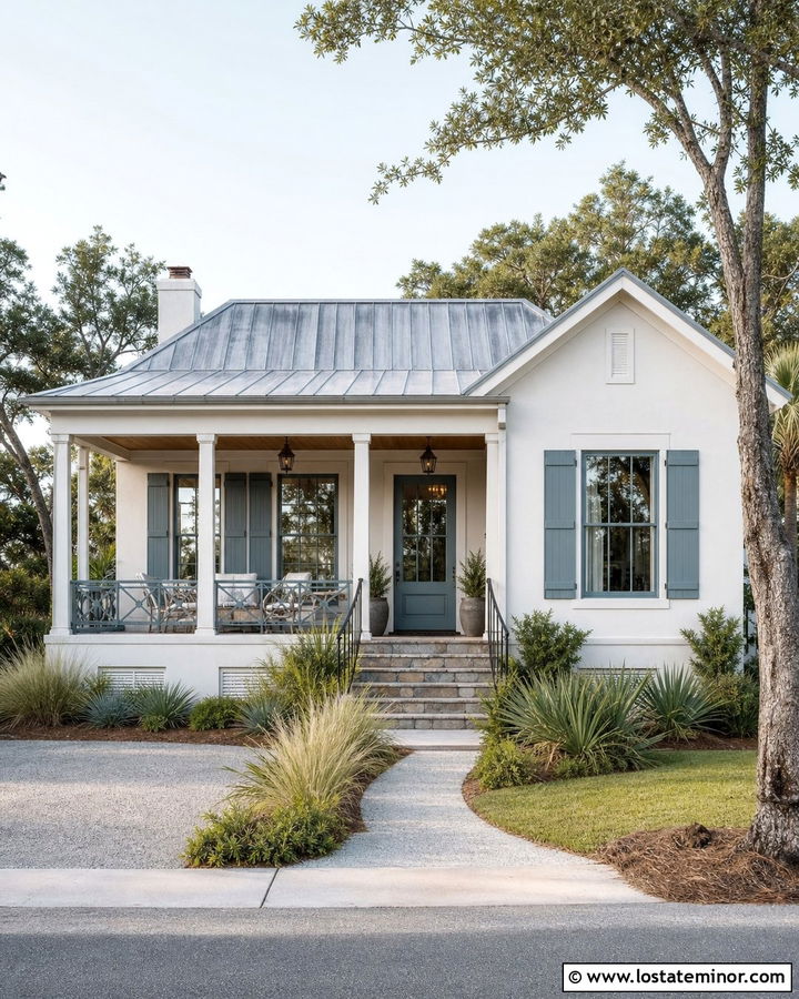 Warm White House With Blue Gray Window Frames - 30 Warm White House Design With Window Frames Ideas